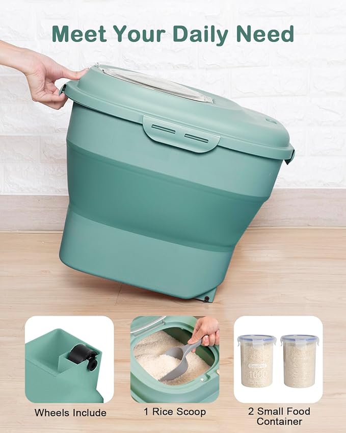 20-50 Lbs Food Storage Containers,Collapsible Rice Container with Wheel Airtight Locking Lid,Flour Storage Container with Small Food Jar and Scoop,Suitable for Food,Rice,Pet Food,Flour