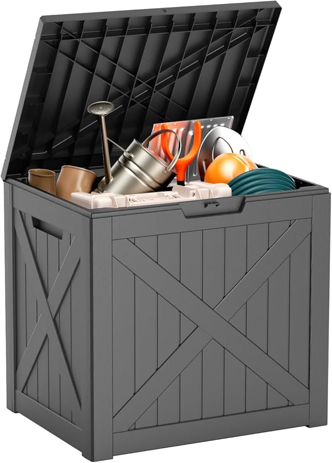 38 Gallon Outdoor Deck Box,Storage Lockable Waterproof Patio Furniture,Garden Tools,Cushions,Pool Accessories Outside Storage Resin Box(Black)