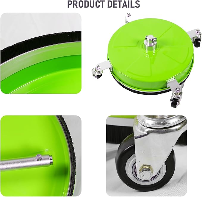 14" Pressure Washer Surface Cleaner with 4 Wheels, Coated Green Stainless Steel Power Washer Surface Cleaner for Driveway Sidewalk Patio, 1/4" Quick Connector 2 Extension Wand, 4000 PSI