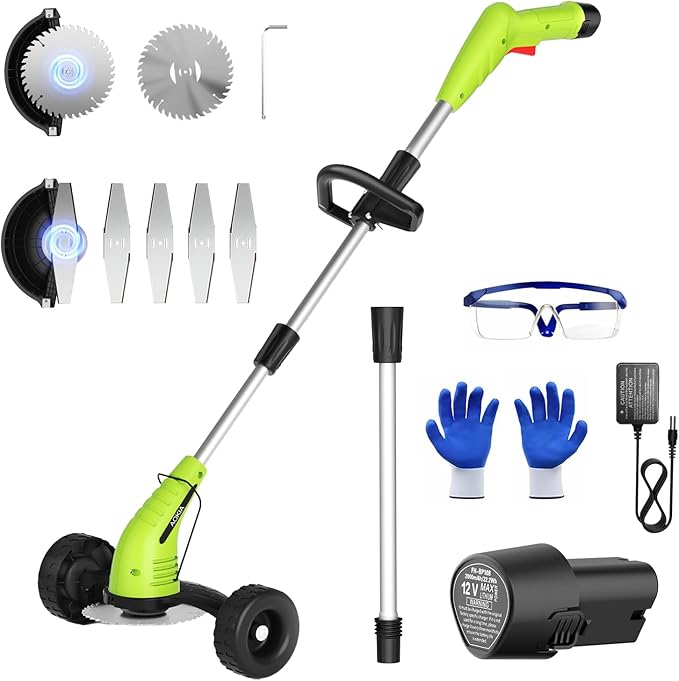 Electric Weed Wacker Cordless: String Trimmer with Roller 2Types Blades - 2.0Ah 12V Battery Powered Lightweight Grass Cutter/Mower for Yard and Garden, Green
