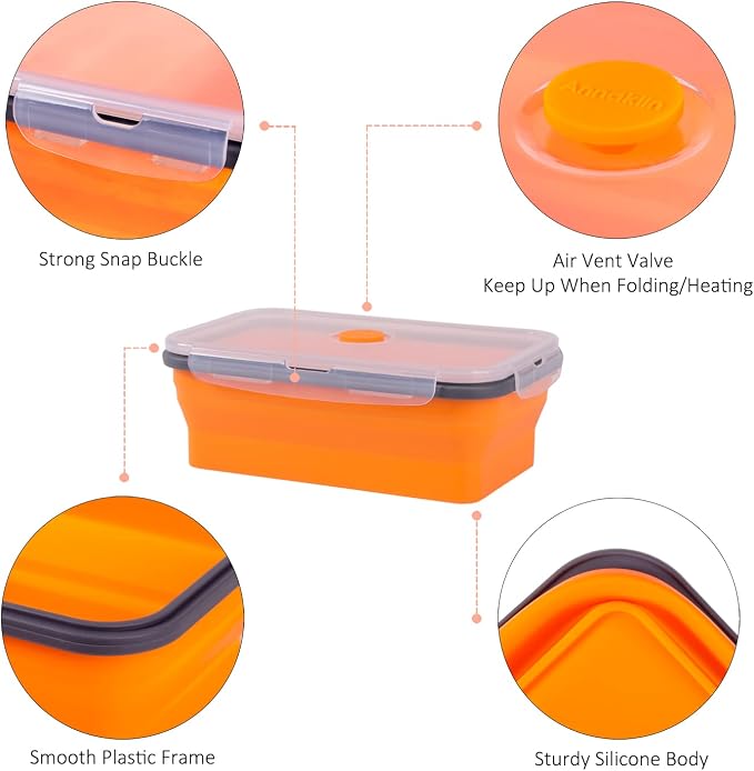 Collapsible Food Storage Containers with Airtight Lid & Vent, 40.5 oz, Kitchen Stacking Silicone Collapsible Meal Prep Container Set for Leftover, Microwave Freezer Dishwasher Safe, Orange, Set of 4
