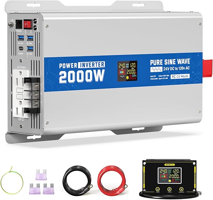 2000W Pure Sine Wave Power Inverter 24V DC to 120V AC Converter 4000 Watt Peak Power Multi-Display Screen with 2 GFCI Outlet 30W USB and 18W Type-C for Car RV Truck Boat Off-Grid, Gray Blue