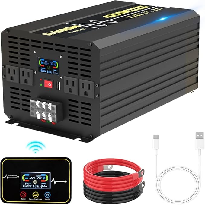 4000W Pure Sine Wave Power Inverter 12V DC to 120V AC 60HZ with LCD Display, USB Port, Wireless Remote Control(10M), Solar, Outdoor
