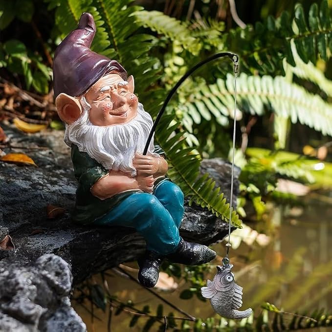 Gnomes Fishing Statue Garden Decor – 9.8" Weatherproof Resin Gnomes Fishing Sculpture Decor for Fish Ponds, Koi Ponds, Waterfalls, Poolside & Outdoor Gardens– Resin Figurine for Indoor & Outdoor Décor