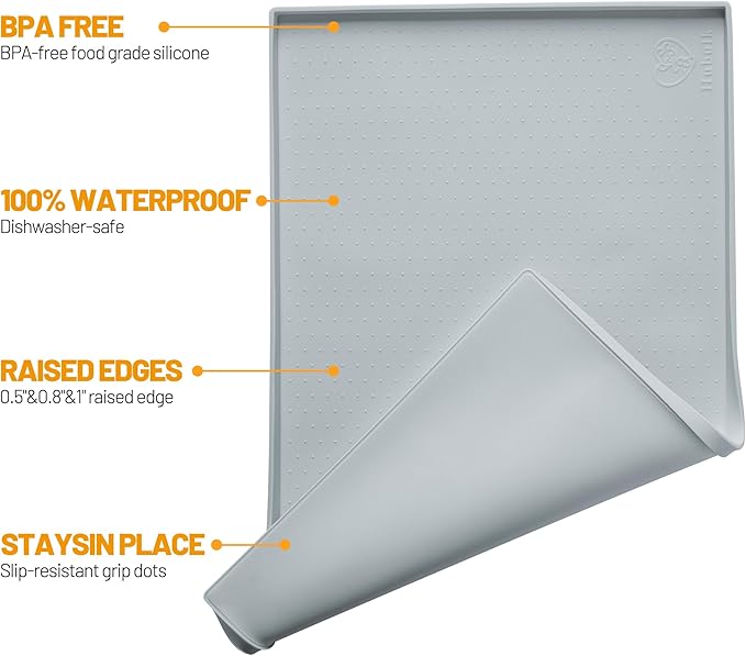 Hubulk Dog Feeding Mat,100% Waterproof Food Grade Silicone Pet Food and Water Bowl Placemat,Dishwasher, High Raised Edge to Prevent Spills,Nonslip Tray to Stop Messes on Floor(24"x16"x0.5", Mist)