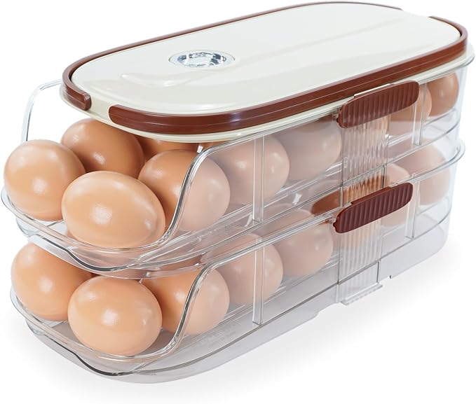 Egg Holder for Fridge, Automatic Rolling Egg Organizer for Refrigerator, Clear Plastic Egg Container & Tray, Stackable Dispenser and Storage Bin For Organizers and Storage -2 Layer