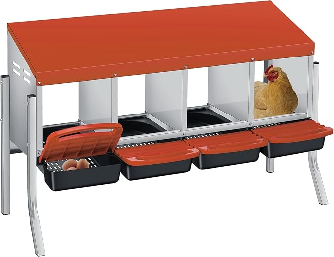 4-Hole Chicken Nesting Box with Stand – Heavy Duty Metal Poultry Nest, Removable Tray & Waterproof Roof – Non-Slip Legs for Easy Egg Collection in Backyard Coops (Orange)