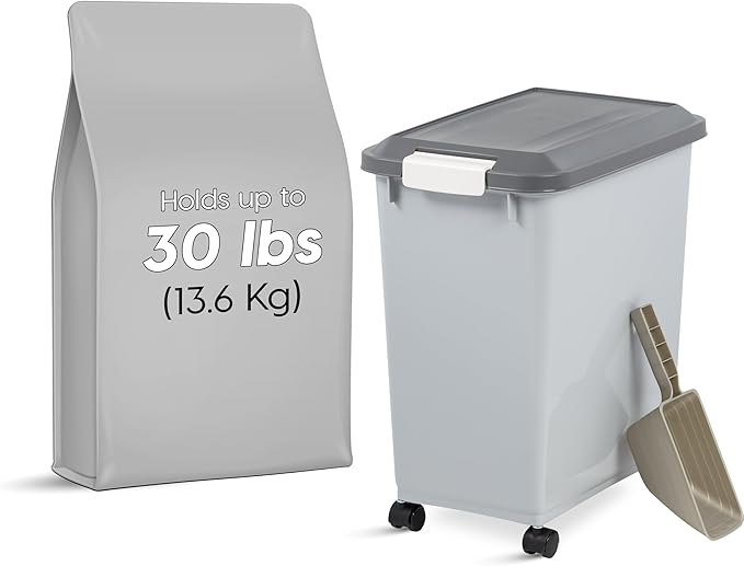 IRIS USA Dog Food Storage Container with Wheels, Airtight Lid, 2-Cup Scoop, Up to 30 Pounds Pet Food Storage, Built in Scoop Storage in Lid, Versatile Pet Food Bin, Portable, BPA Free, Gray/Dark Gray