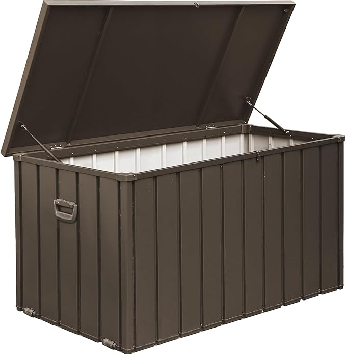 120 Gallon Outdoor Deck Box Lockable Metal Indoor Outdoor Storage Container with Side Handle, Waterproof Storage Box with Rolling Castors for Patio Garden Tools, Pools Equipment, Cushions, Brown