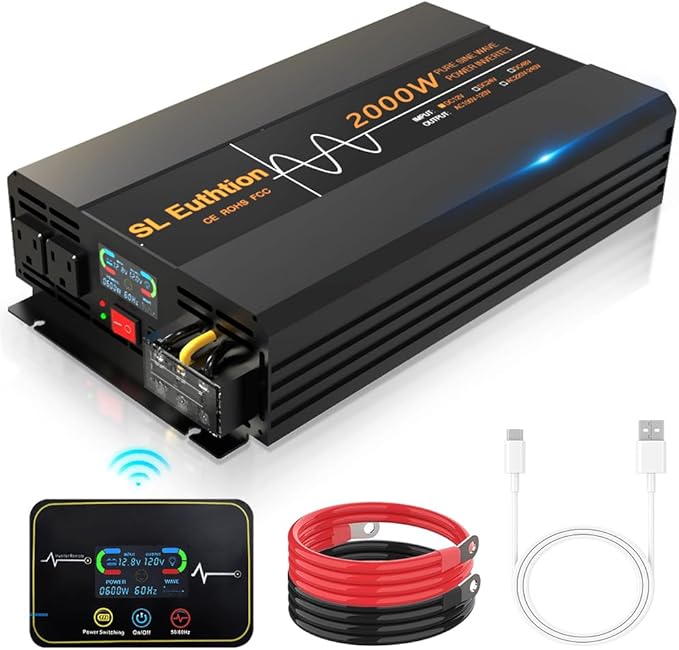 2000W Pure Sine Wave Power Inverter 12V DC to 120V AC 60HZ with LCD Display, USB Port, Wireless Remote Control(10M), Solar, Outdoor
