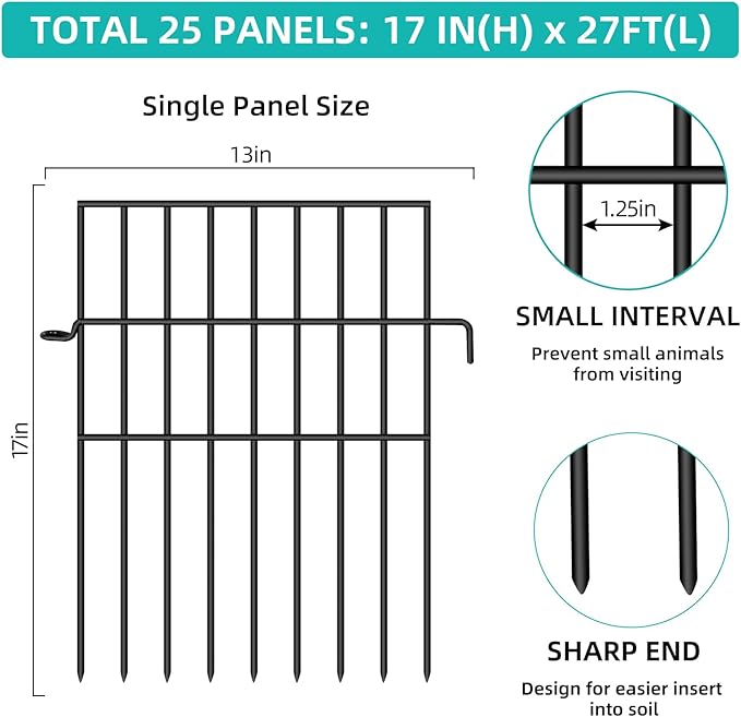 Animal Barrier Fence, 25 Panels No Dig Fences, 17in(H) X 27ft(L) Garden Fence Animal Barrier for Rabbits and Dog Under Fence Barrier, Rustproof Metal Fences Border for Outdoor, Yard, Patio