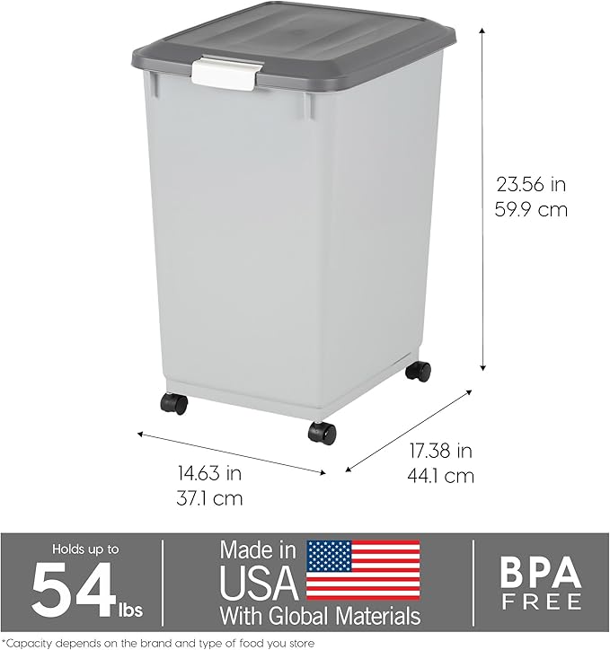 IRIS USA Dog Food Storage Container with Wheels, Airtight Lid, 2-Cup Scoop, Up to 54 Pounds Pet Food Storage, Built in Scoop Storage in Lid, Versatile Pet Food Bin, Portable, BPA Free, Gray/Dark Gray