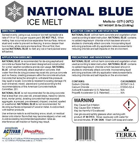 National Blue Snow Salt Ice Melt 35lb Bucket - Fast Acting Ice Melter - Pet, Plant and Concrete Friendly, Environmentally Safe - Free of Magnesium Chloride - Melts to -15°F