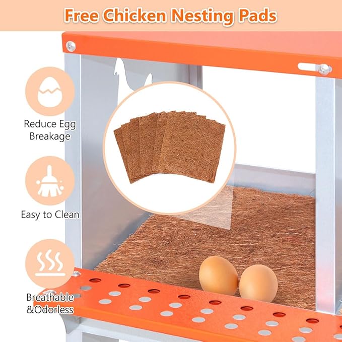 8 Hole Chicken Nesting Boxes for Laying Eggs, Large Galvanized Steel Hen Nesting Box with Ventilation & Coconut Fiber Pads, Wall Mount Chicken Laying Box for Hens, Ducks & Birds, Orange