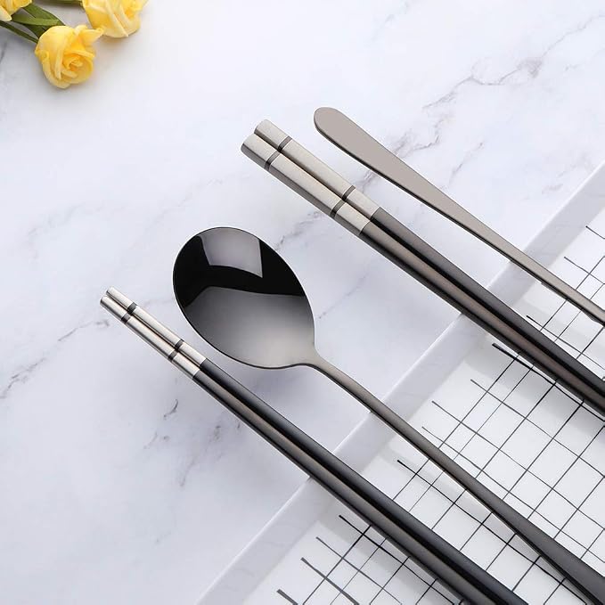 Buyer Star Stainless Steel Korean Chopsticks Spoons and Fork Set, 2 Pack Reusable Forks and Spoons Silverware Korean Utensil Set, Portable Utensils Dinnerware for Home (Black)