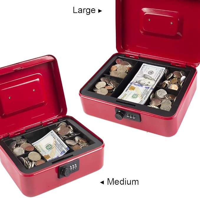 KYODOLED Large Cash Box with Combination Lock Safe Metal Money Box with Money Tray for Security Lock Box 9.84"x 7.87"x 3.54" Red Large