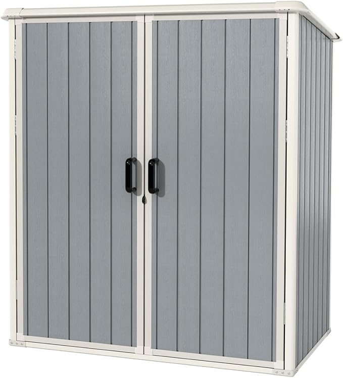 Aoxun Outdoor Storage Shed 5 x 3FT, Resin Shed with Floor and Lockable Door, Plastic Sheds for Garbage Can, Tool, Accessories, Lawn, Garden - Grey