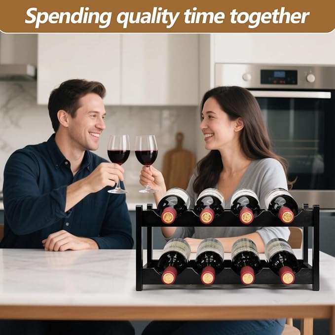 Wine Rack 8 Bottle 2-Tier Eco-Friendly Bamboo Wine Storage Easy-Assembly Space-Saving for Wine Lovers,Kitchen Wine Organizer for Countertop,Pantry, Home,Room Decor,Bar