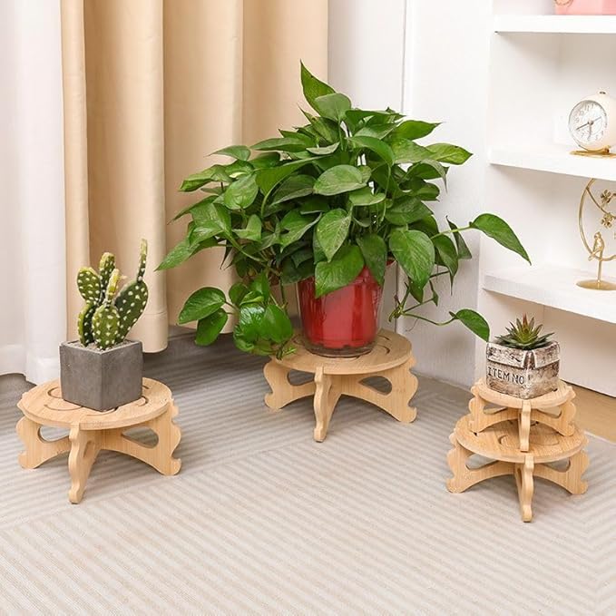 Plant Stand Indoor, Bamboo & Wood Plant Holders Indoor Stand, No Screws Required Stable Outdoor Plant Pot Stand, Wooden Stand for Plants Fit 5-15 Inch Pots, Support 190lb Adult