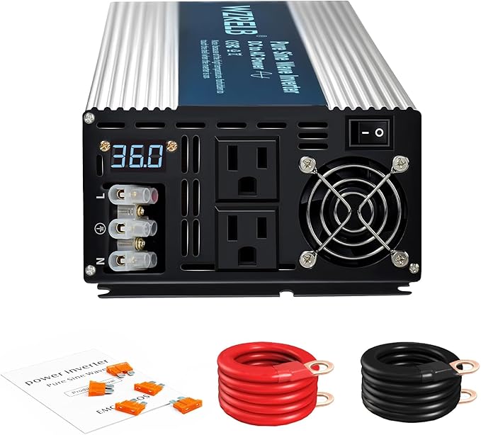 WZRELB 3000W Pure Sine Wave Inverter 36V DC to 110V 120V AC Power Converter with LED Display, Hardwire Terminal,Off-Grid Portable Power Inverter with Dual AC Outlets for Home, RV, Truck, Camping
