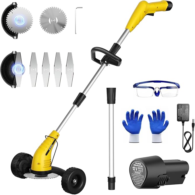Electric Weed Wacker Cordless: String Trimmer with Roller 2Types Blades - 2.0Ah 12V Battery Powered Lightweight Grass Cutter/Mower for Yard and Garden, Yellow