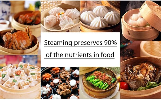2-Tier Kitchen Bamboo Steamer with Stainless Steel Rings for Asian Cooking | Sauce Dish & 2-Chopsticks | Buns Dumplings Vegetables Fish Rice