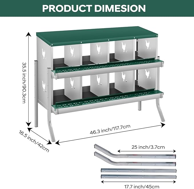 Nesting Boxes for Chickens, 8 Compartments, Nesting Boxes with 4 Dummy Eggs and 10 Dampproof Pets Mats, Green, Stainless Steel, Wall-Mountable & Roll Away Design with Stand