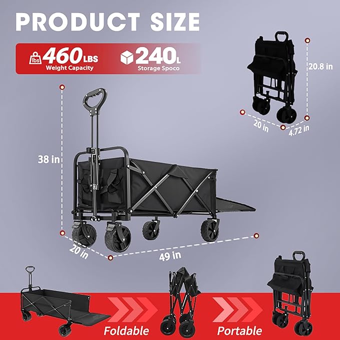 240L Capacity Foldable Wagon with Brakes, 49" Extra Long Extender Wagon Cart 460lbs Heavy Duty Collapsible Utility Cart with All-Terrain Big Wheels for Camping, Shopping, Beach