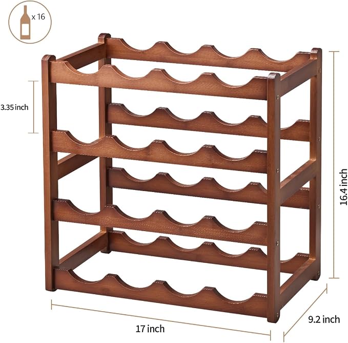 Bamboo Wine Rack,4 Tier, Wine Bottle Holder, Hold 16 Bottles for Home Kitchen, Dinging Room, Pantry, Cabinet, Bar