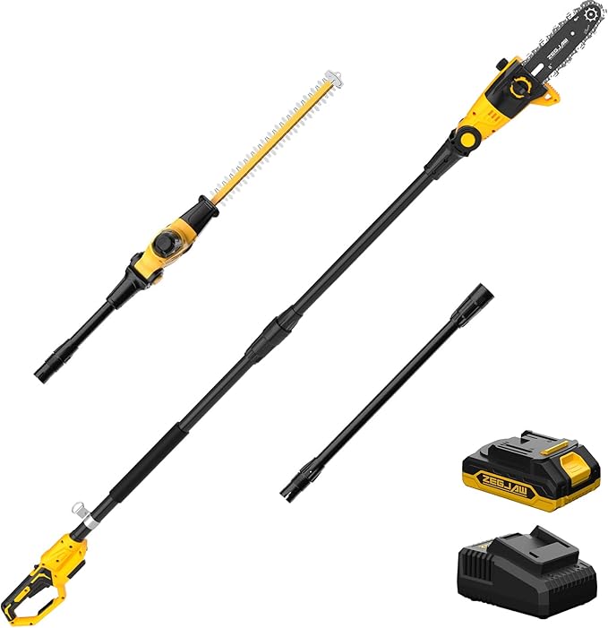 Pole Saw 8-Inch Cordless Tree Trimmer and 18-Inch Pole Hedge Trimmer 2-In-1, 15-Feet Max Reach, Auto Oiling, Telescoping Pole Chainsaw with 2.0Ah Battery & Charger