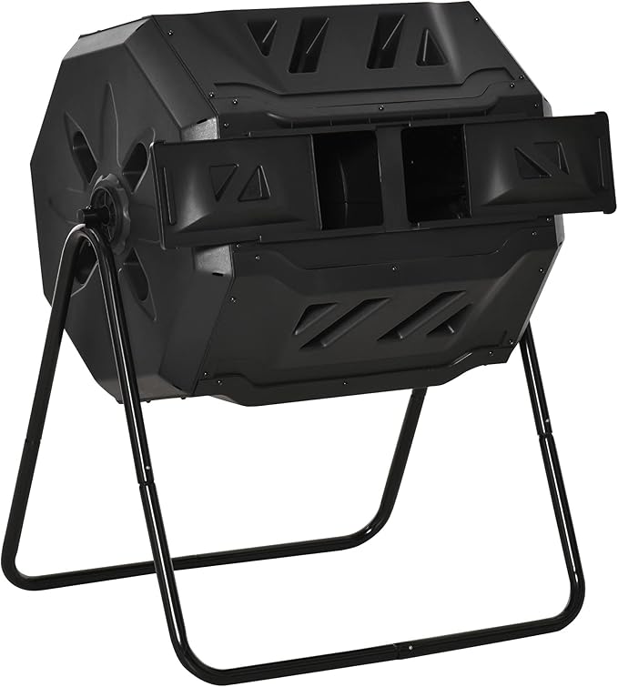 Compost Bin Outdoor, 43 Gallon Dual Chamber Tumbling Composting with Sliding Doors, Large Compost Tumbler, Compost Bin for Garden, Kitchen, and Yard Waste, Black