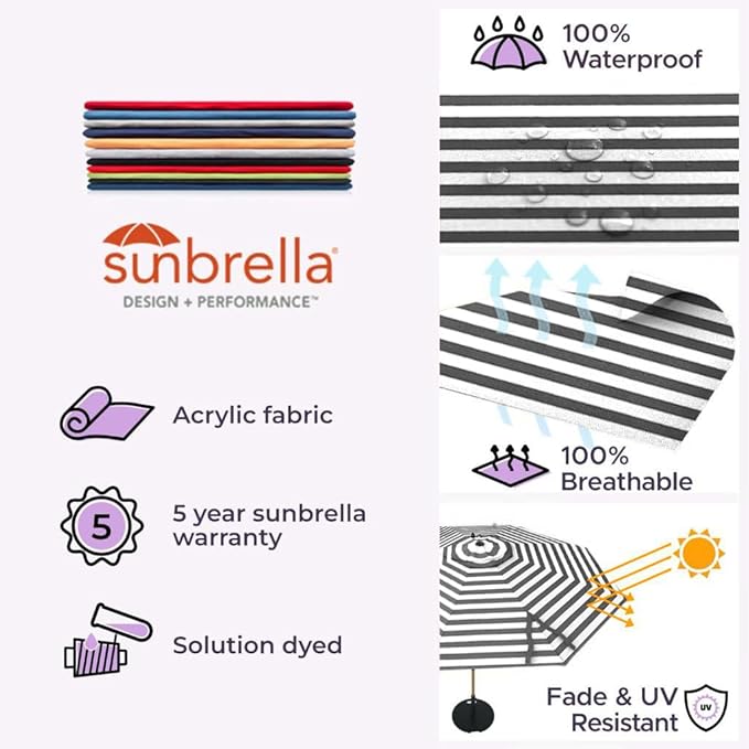 Midtown Umbrellas The Swilt 10 Feet Patio Umbrella in Sunbrella Black & White Acrylic Fabric - Fiberglass Ribs, Auto-Tilt Aluminum Frame For Backyard, Deck, Garden, Pool - White Pole