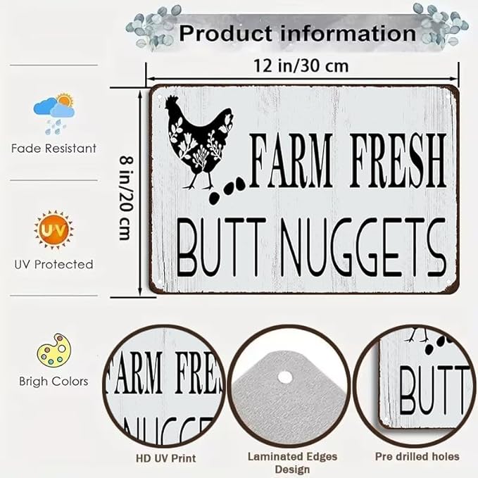 Funny Chicken Gifts Chicken Farm Fresh Butt Nuggets Tin Sign for Home Farm Chicken Coop Farmhouse Kicthen Garden Decor 8 X 12 Inch (3189)