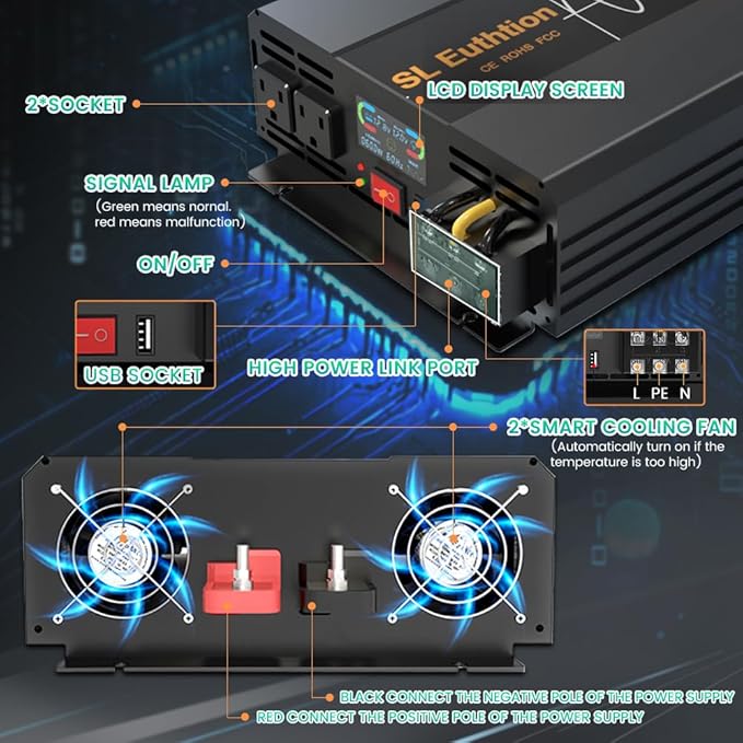 2000W Pure Sine Wave Power Inverter 12V DC to 120V AC 60HZ with LCD Display, USB Port, Wireless Remote Control(10M), Solar, Outdoor