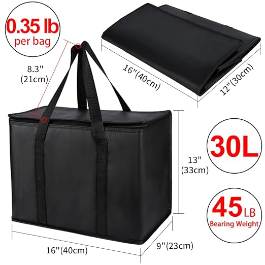 X-Large Insulated Reusable Grocery Shopping Bags, Black+Red, 2 Pack | With Zippered Top, Insulated Food Delivery Bag, Cooler Bag for Travel/Groceries, Frozen/Thermal Catering for Cold/Hot Food