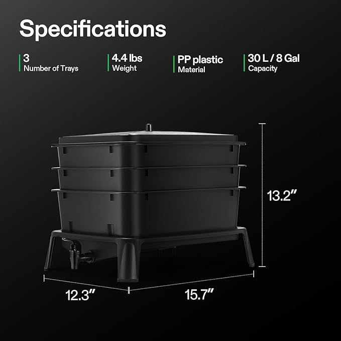 VIVOSUN 3-Layer Worm Compost Bin, 30L Worm Composter, Easy Setup Inclusive Worm Farm Kit for Recycling Food Waste