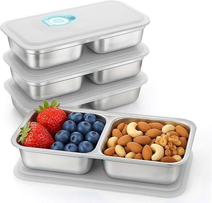 4Pcs 304 Stainless Steel Snack Containers, 2 Compartments Portable Food Storage Bento Boxes with Lids, Divided Meal Prep Lunch Box Food Container Dishwasher Safe