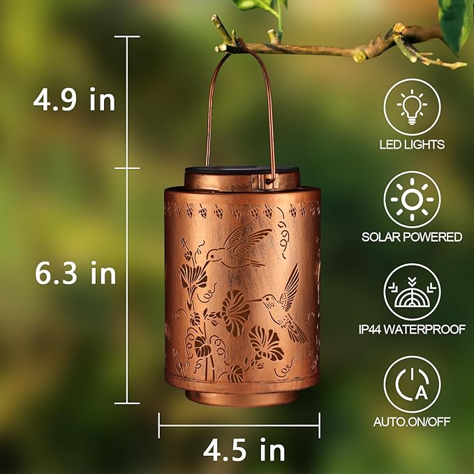 2 Pack Solar Lanterns Outdoor Waterproof Garden Decor Birthday Gifts for Women Mon Grandma Metal Hanging Solar Lights Decoration for Outside LED Lanterns for Yard Patio(Hummingbirds)