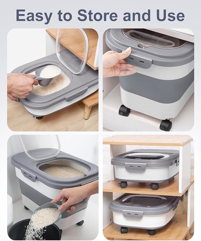 20-30 Lbs Rice Storage Container,Collapsible Food Storage Containers with Rolling Wheel Airtight Locking Lid,Flour Storage Container with Cup and Scoop,Suitable for Food,Rice,Pet Food,Flour