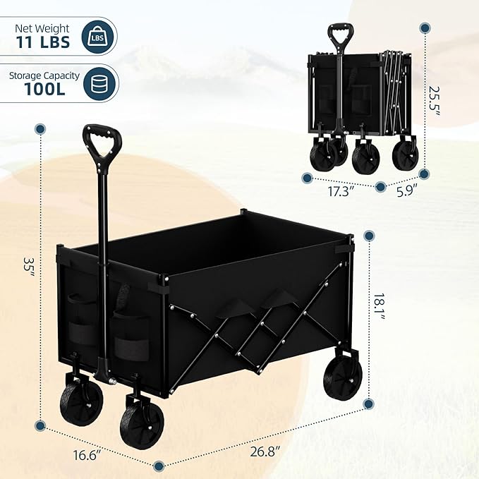 Favoyard Collapsible Wagon 100L & 330LBS, Heavy Duty Wagon Carts Foldable, Portable Folding Wagons with All - Terrain Wheels& Drink Holders, for Grocery Camping Beach Shopping Garden, Black