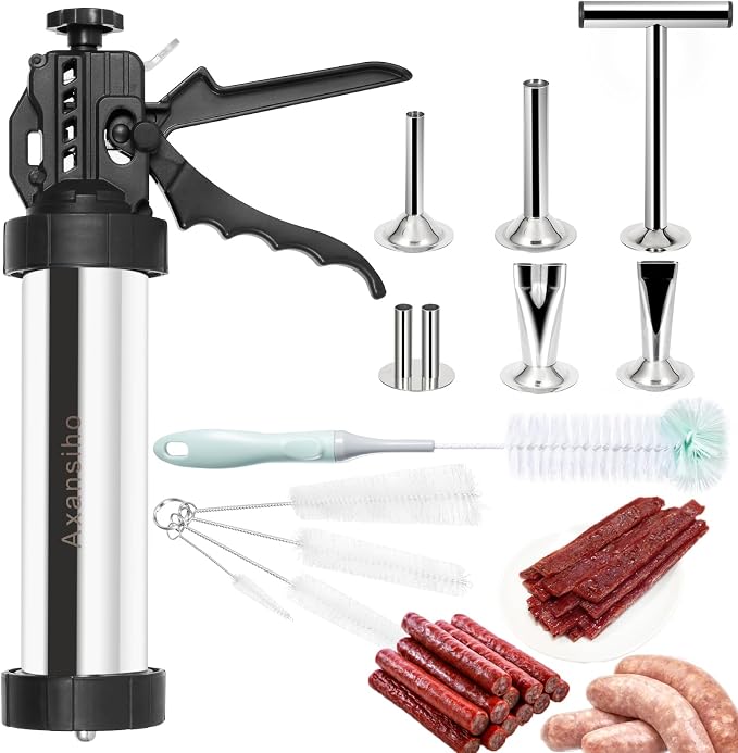 1.57 LB Large Capacity Jerky Gun Kits, Stainless Steel Jerky Shooter Cannon, Beef Stick Gun, Beef Deer Jerky Maker, Meat Gun, Sausage Stuffer with 5 Nozzles 5 Brushes 1 Meat Pusher, Gift for Women Mom