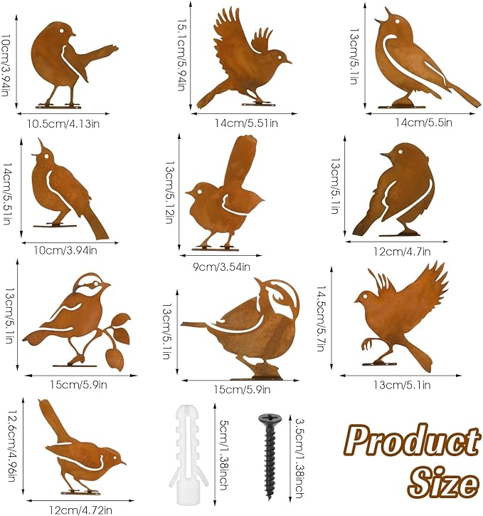 DIVINA VITAE 10Pcs Rusty Birds Decoration Lifelike Metal Birds Yard Art Simulation Bird Statue Yard Garden Decor for Outdoor Sculptures Art Fence Decorations(Style B)