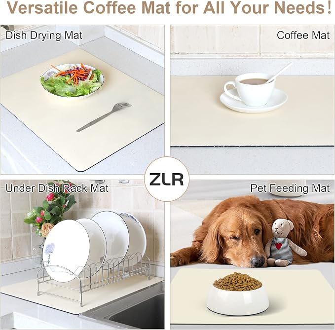 ZLR Coffee Bar Mat for Keurig & Nespresso, 12"x16" Small, Creamy | Absorbent Dish Drying Mat, Stain-Hiding PU Leather Top, Non-Slip Rubber Back, Heat-Resistant, Fits Frother & Pour-Over