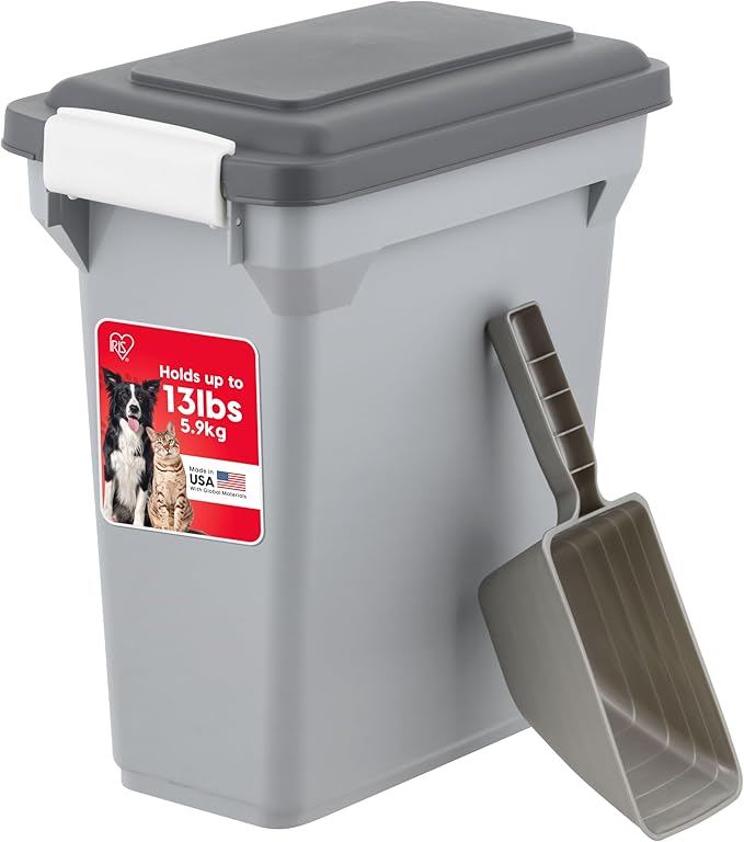 IRIS USA Dog Food Storage Container, Airtight Lid, 2-Cup Scoop, Up to 13 Pounds Pet Food Storage, Versatile Pet Food Bin, Treats, BPA Free, Gray/Dark Gray