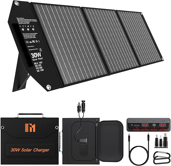 30W Portable Solar Charger Foldable Solar Panel with USB C and USB A 18V MC4 DC for Camping Backpacking Travel Fast Charging for iPhone LG Google Cell Phone Power Bank Generator Power Station