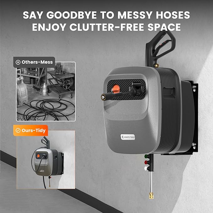 Giraffe Tools Grandfalls Retractable Pressure Washer G20B, 2500 PSI 2.2 GPM, Wall Mounted Power Washer with 65FT Hose Reel, Black Pressure Hoses, 4 Nozzles for Floor/Cars/Fences/Patios, Dark Silver