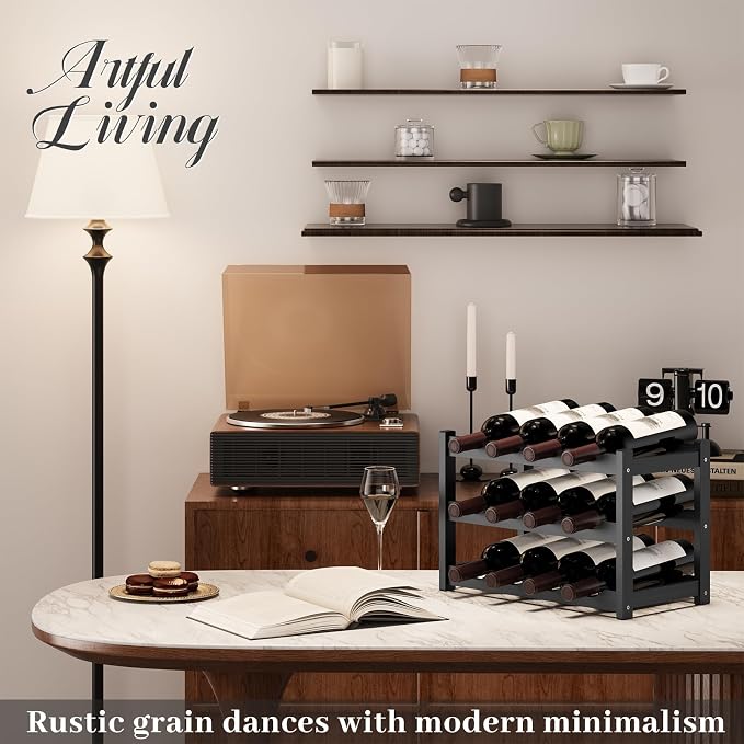 Wine Rack,Bamboo Wine Storage Cabinet Shelf,Countertop Wine Shelf- Freestanding Wine Holder for Kitchen & Pantry (Black, 3-Tier)