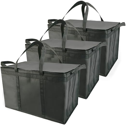 Bodaon 3-Pack Insulated Food Delivery Bag for Hot and Cold Meal, XXXL, Black, Grocery Tote Insulation Bag for Catering, Large Pizza Warmer