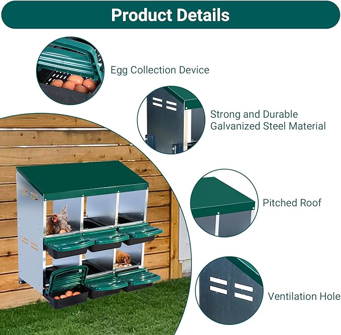 Chicken Nesting Box, 10-Hole Metal Wall Mount Chicken Laying Boxes with Legs and Lid Cover, Easy to Assemble, Roll-Away Egg Design Nesting Boxes for Outdoor Chicken Coop & Farm Yard, Green