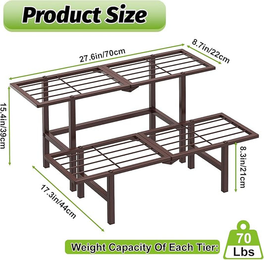 Plant Stand Indoor Outdoor, 2-Tier Foldable Metal Ladder Plant Stands, Stackable Metal Plant Shelf Decorative Flower Pot Holder Display Rack for Garden Living Room Patio,Brown